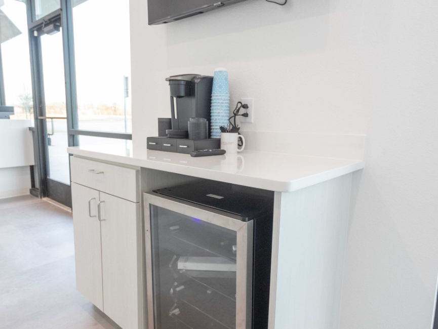 Complimentary beverage bar in dental office waiting room